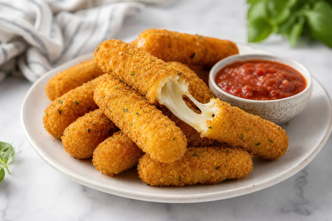 Golden breaded mozzarella sticks, one broken open to show stretchy cheese, with a bowl of marinara sauce