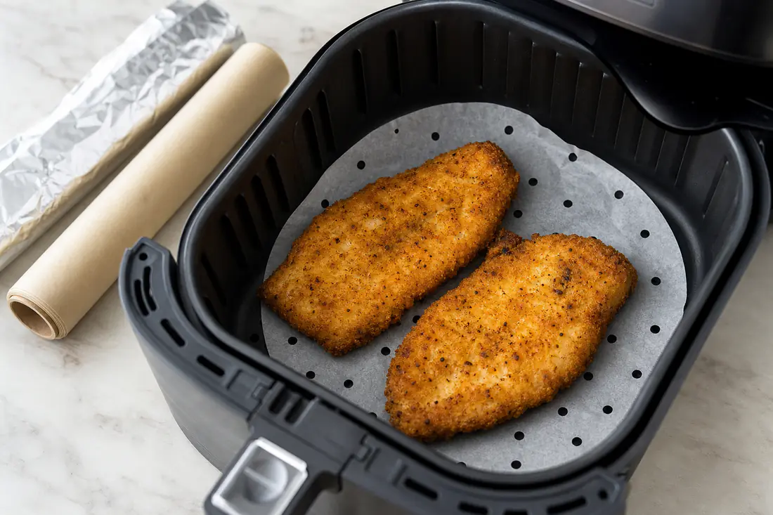Air fryer basket with a round perforated parchment liner holding golden fish fillets