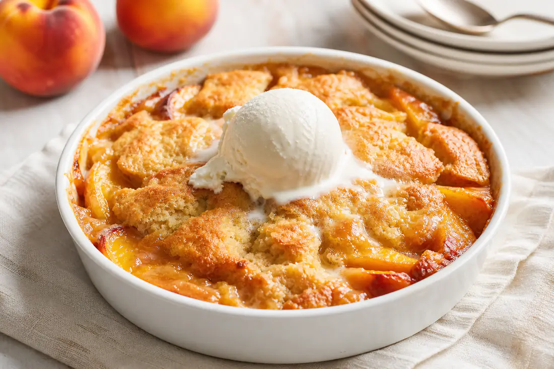 Golden peach cobbler in a small baking dish with a scoop of vanilla ice cream