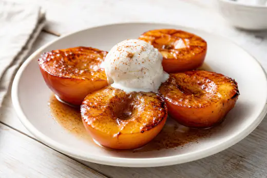Caramelized roasted peach halves with cinnamon and a scoop of vanilla ice cream