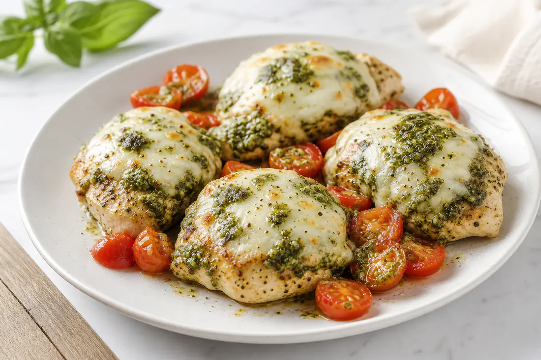 Chicken breasts topped with green pesto and melted mozzarella with halved cherry tomatoes on a plate