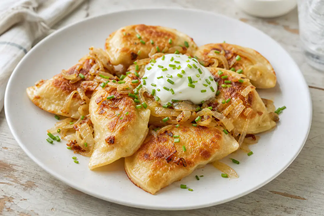 Golden crispy pierogies with sautéed onions and sour cream on a plate