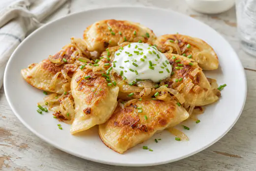 Golden crispy pierogies with sautéed onions and sour cream on a plate
