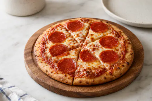 Small round pepperoni pizza with melted mozzarella and a browned crust on a wooden board
