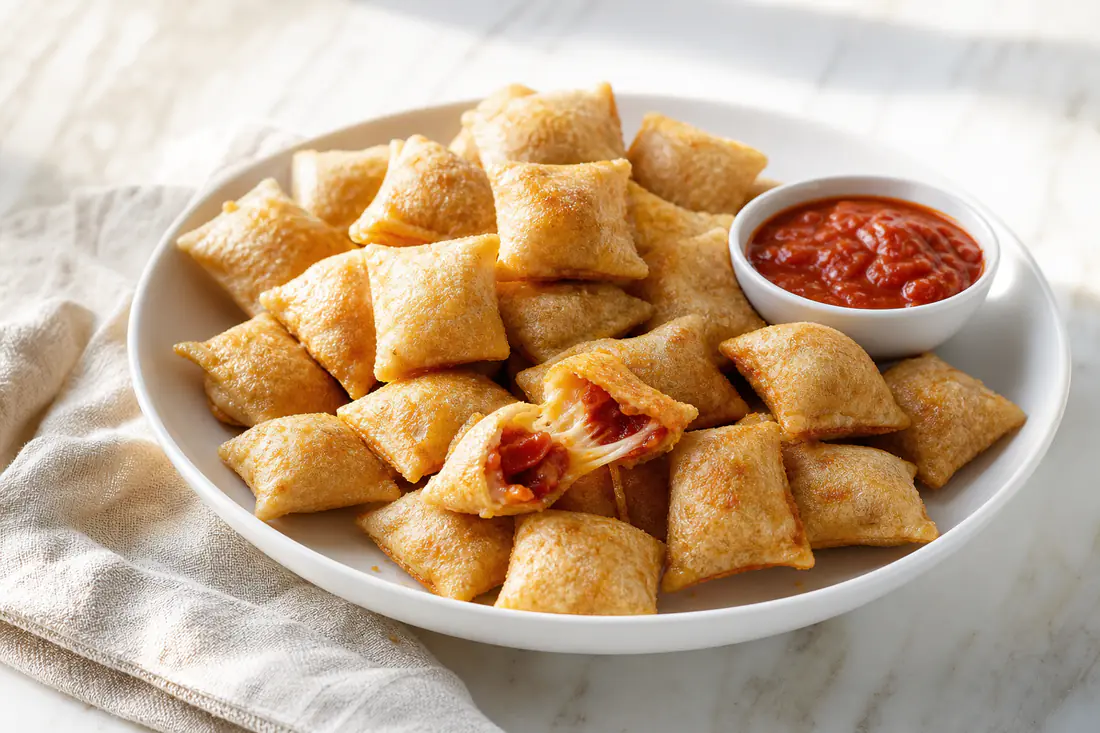 Golden crispy pizza rolls in a bowl with marinara dipping sauce