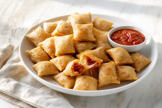 Golden crispy pizza rolls in a bowl with marinara dipping sauce