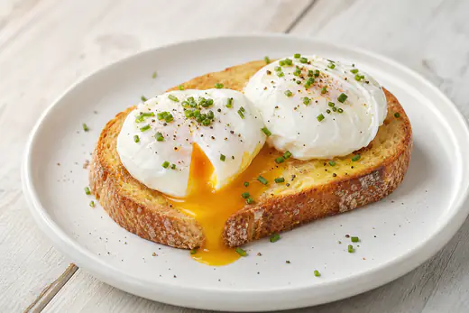 Two poached eggs with runny yolks on buttered toast with chopped chives
