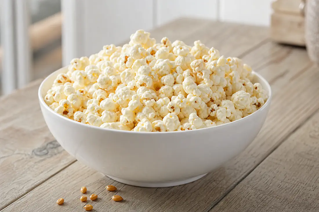 A white bowl of fluffy salted popcorn with a few unpopped kernels at the bottom