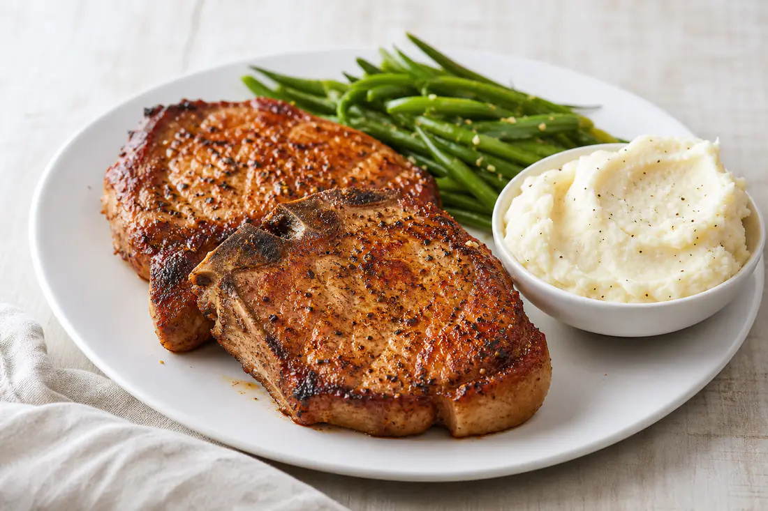 Golden bone-in pork chops served on a white plate