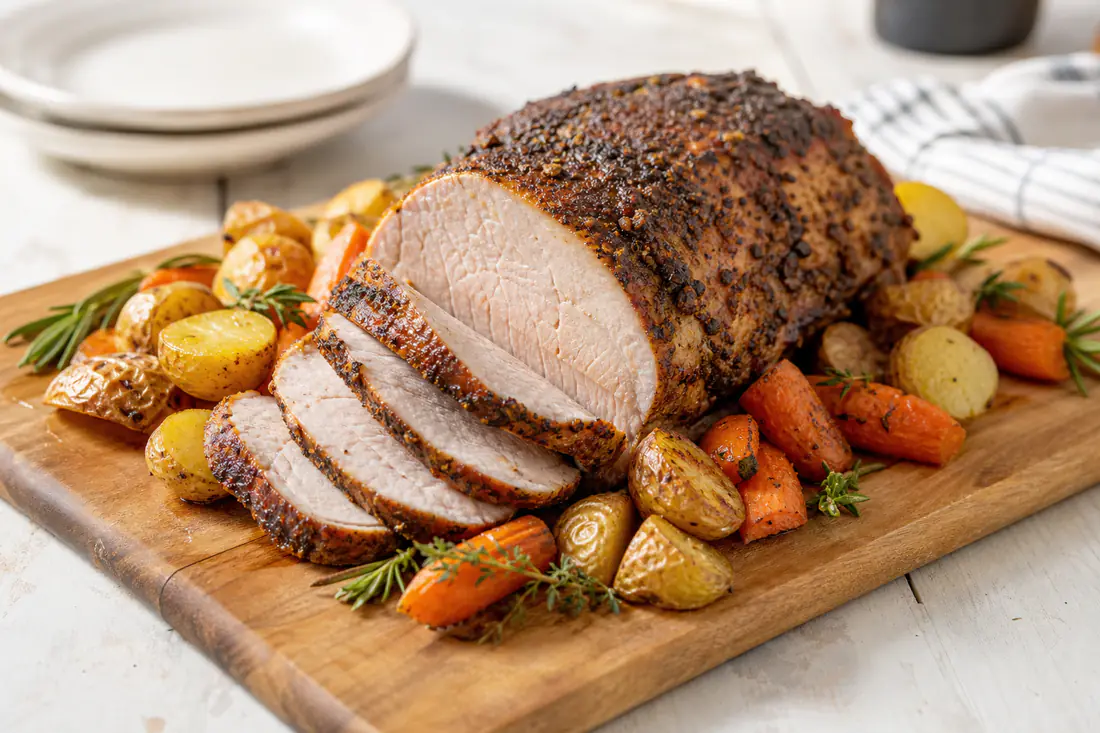 Sliced boneless pork shoulder roast with a dark seasoned crust on a wooden board