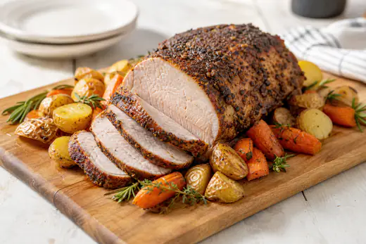 Sliced boneless pork shoulder roast with a dark seasoned crust on a wooden board
