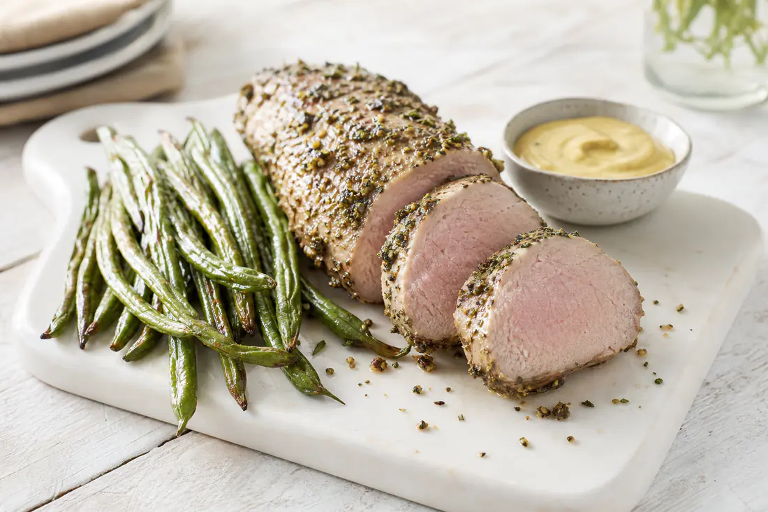 Sliced herb-crusted pork tenderloin with a blush of pink in the center on a white serving board