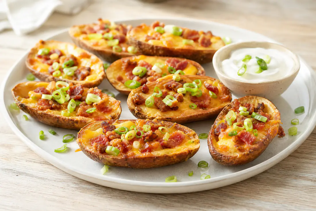 Loaded potato skins with melted cheddar, bacon and scallions on a platter