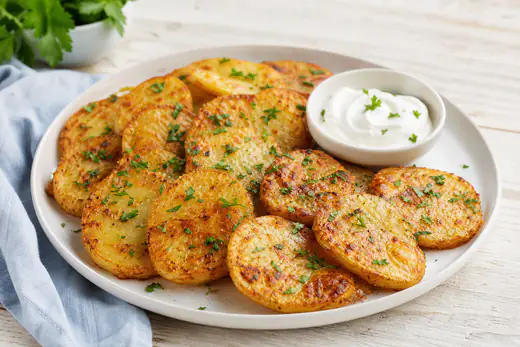 Golden crispy round potato slices on a plate, sprinkled with parsley