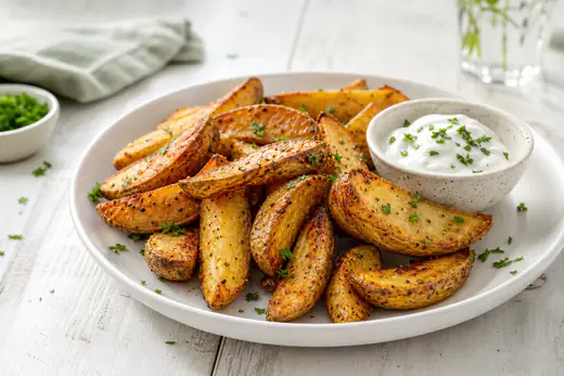 Golden seasoned potato wedges on a plate with a small bowl of dipping sauce