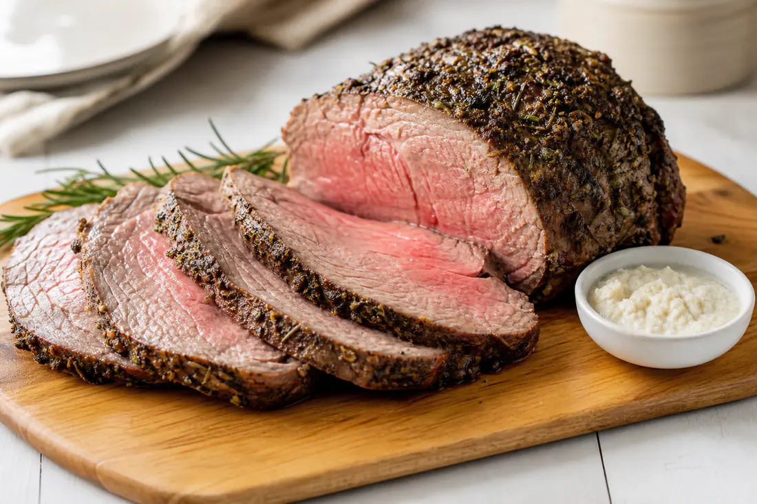 Sliced boneless prime rib roast with a herb crust and pink center on a wooden board