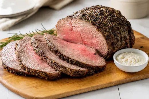 Sliced boneless prime rib roast with a herb crust and pink center on a wooden board