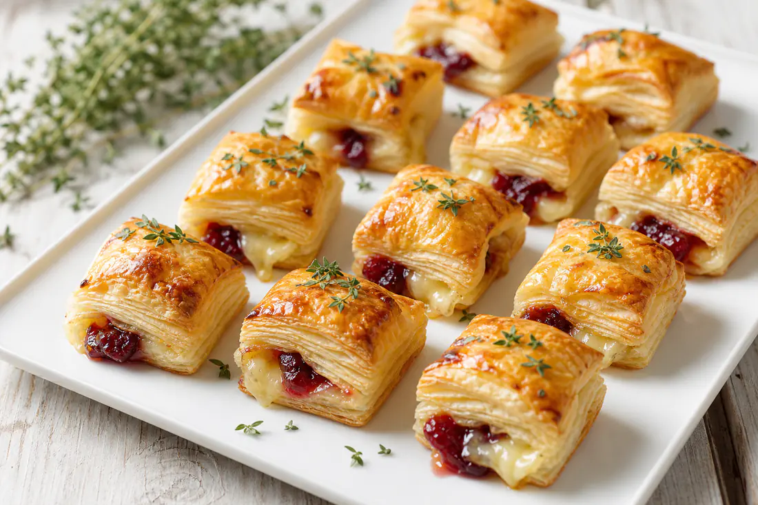 Golden flaky puff pastry bites filled with brie and cranberry on a white serving plate