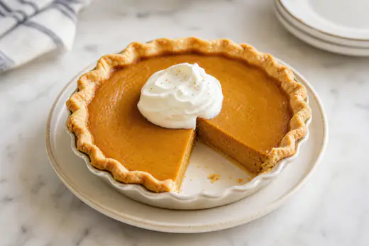 Small round pumpkin pie with a golden crust and a slice cut out, topped with whipped cream