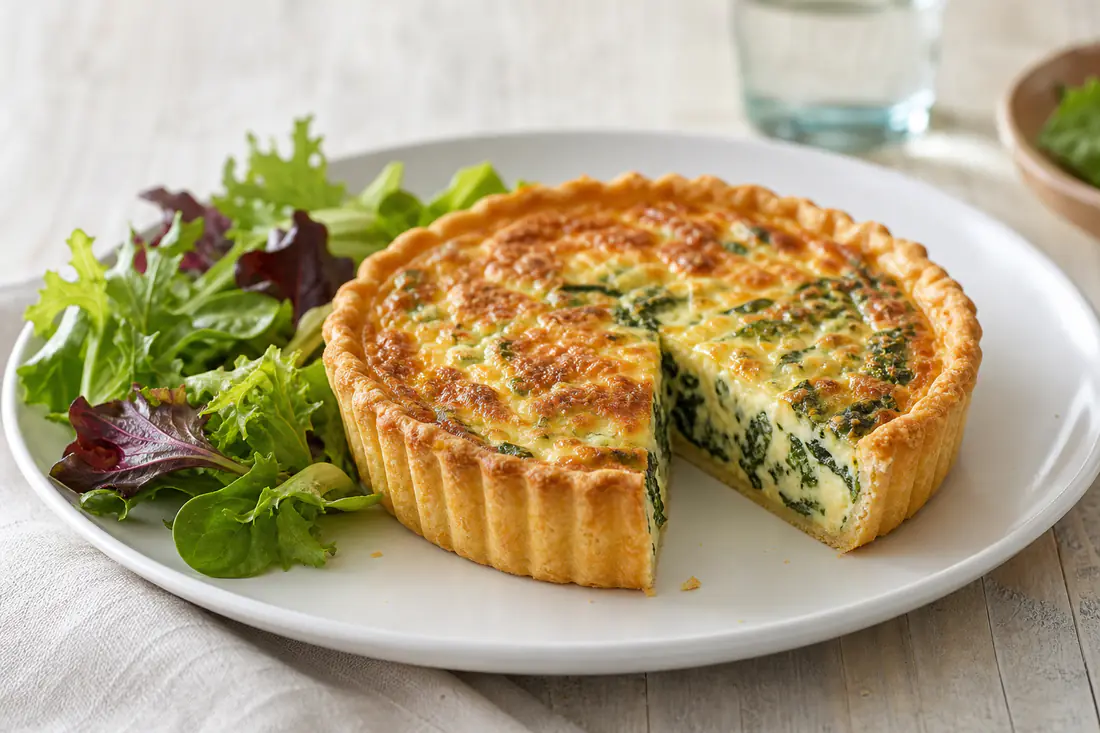 Small round spinach and cheese quiche with a golden crust, one wedge cut out