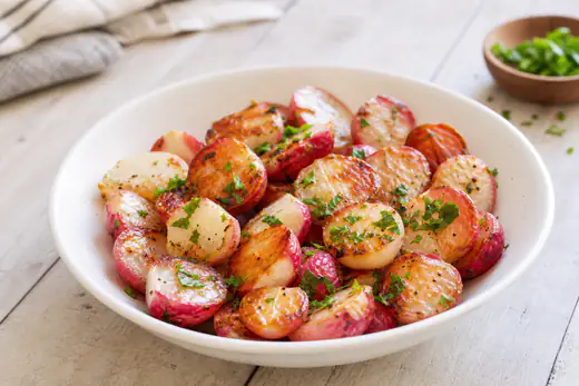 Golden roasted halved radishes with chopped parsley served in a white bowl