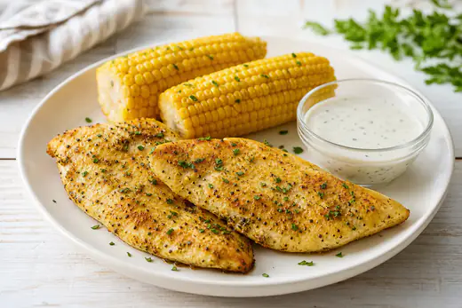 Golden ranch seasoned chicken cutlets with flecks of herbs on a plate with corn and a small bowl of ranch dressing