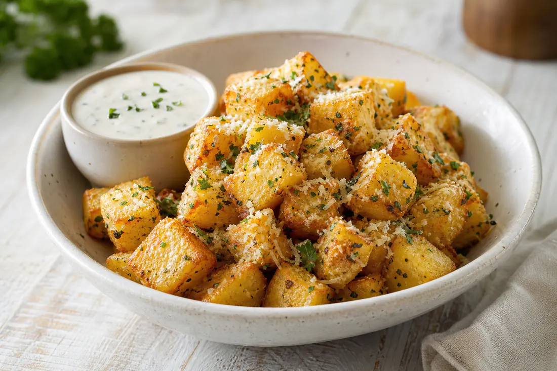 Crispy ranch seasoned potato cubes with Parmesan and parsley in a bowl