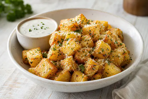 Crispy ranch seasoned potato cubes with Parmesan and parsley in a bowl