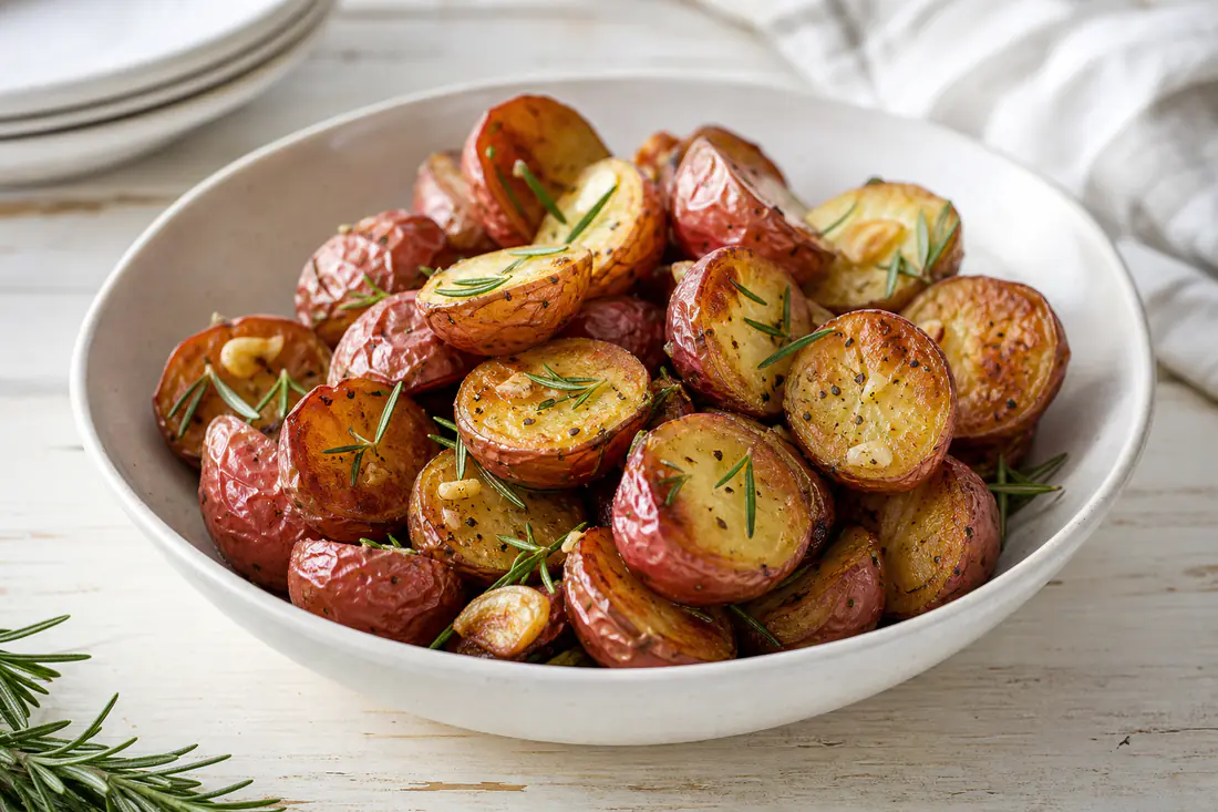 Roasted halved red potatoes with rosemary and garlic in a serving bowl