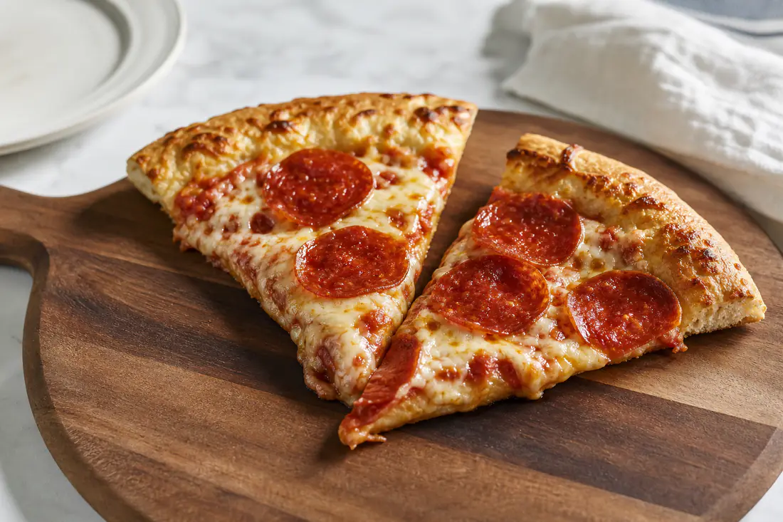 Reheated pizza slices with crisp crust and melted cheese on a wooden board