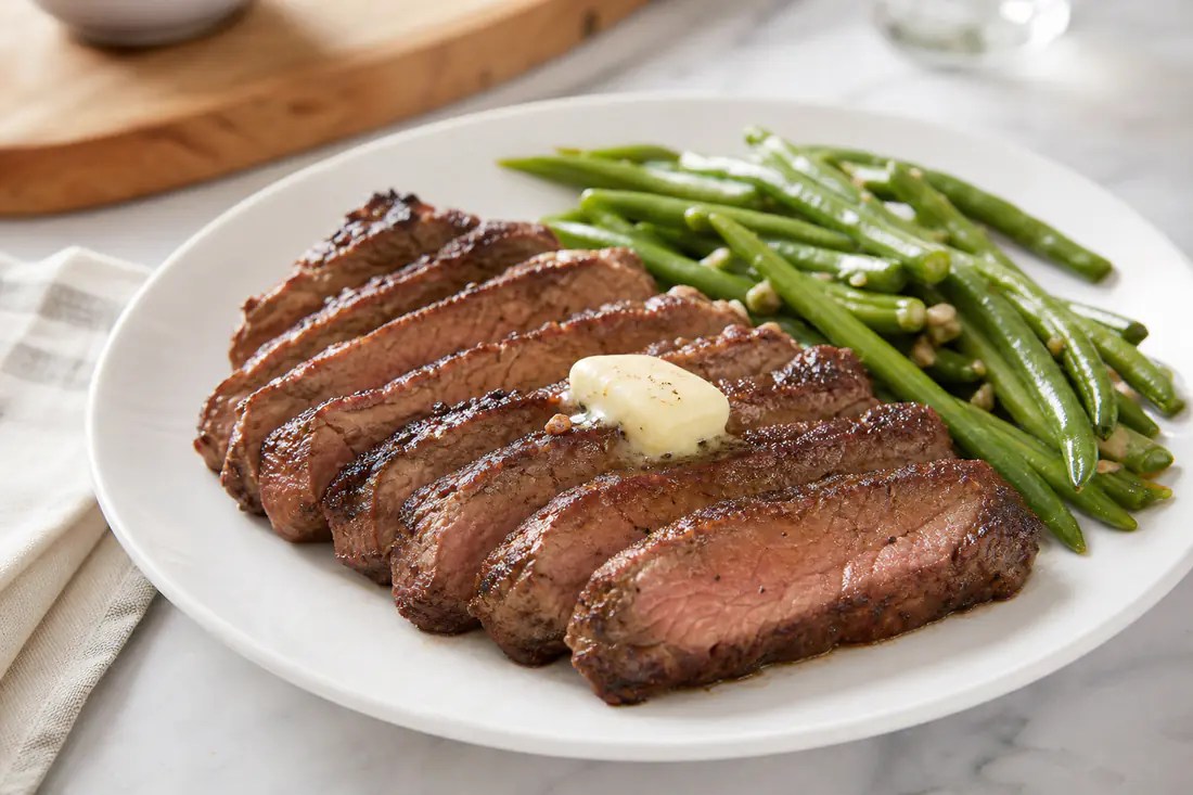Reheated sliced steak with a browned crust on a white plate with green beans