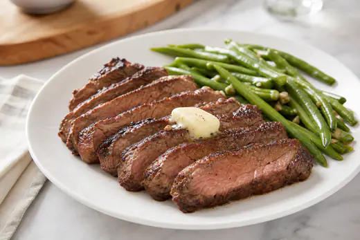 Reheated sliced steak with a browned crust on a white plate with green beans