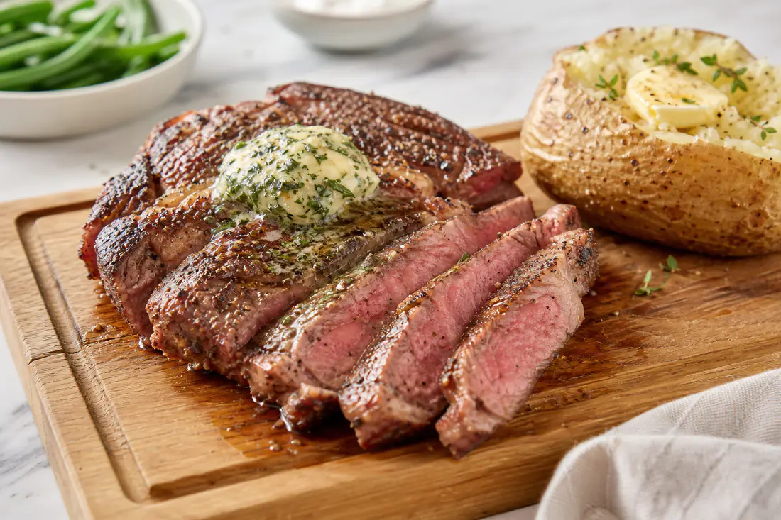 Sliced ribeye steak with a browned crust and herb butter on a cutting board