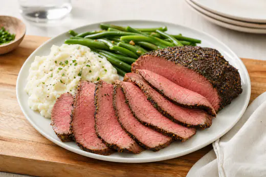 Thinly sliced eye of round roast beef with a seasoned crust and a pink center on a cutting board
