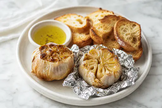 Roasted garlic heads with soft golden cloves, one opened in foil, next to a sliced baguette