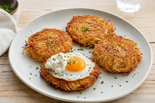 Four golden crispy potato rösti on a plate, one topped with a fried egg