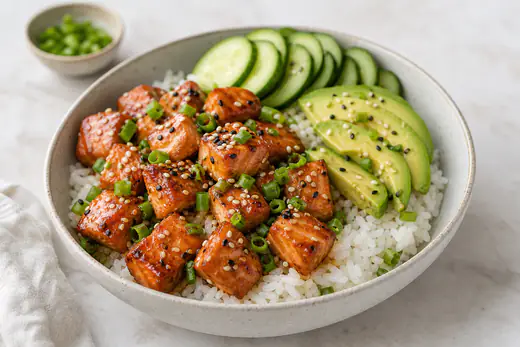 Glazed salmon bites in a bowl with rice, cucumber and sesame seeds