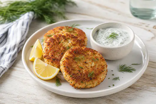 Golden brown salmon patties served with lemon wedges and a dill sauce