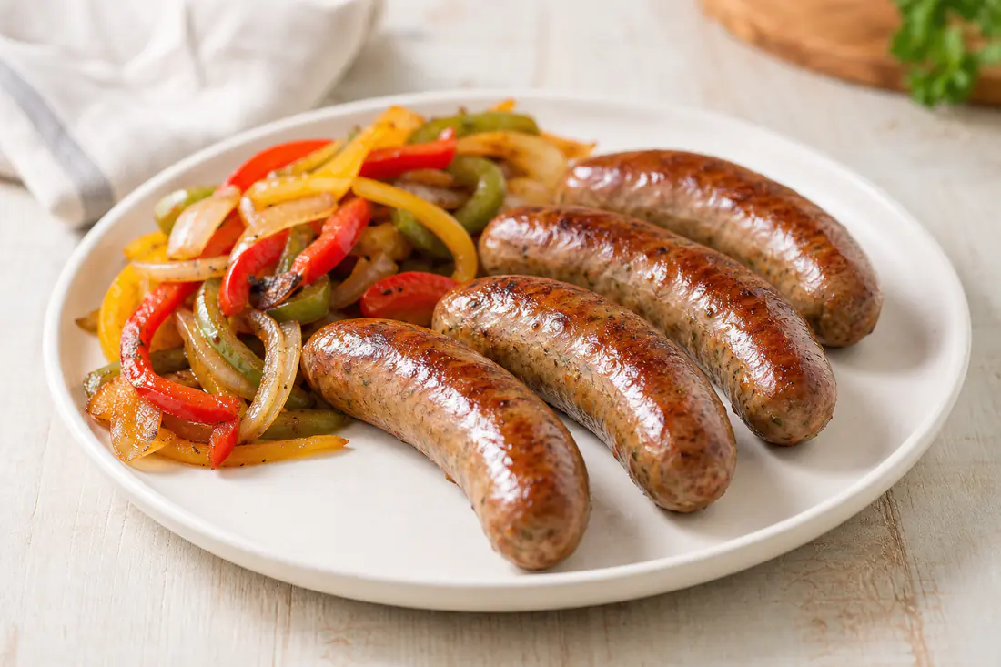 Browned Italian sausage links on a plate with sliced peppers and onions