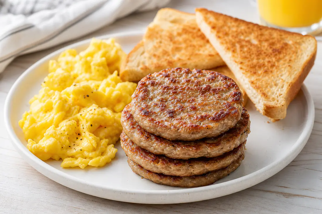 Browned breakfast sausage patties stacked on a plate next to scrambled eggs