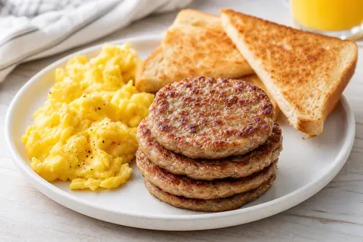 Browned breakfast sausage patties stacked on a plate next to scrambled eggs