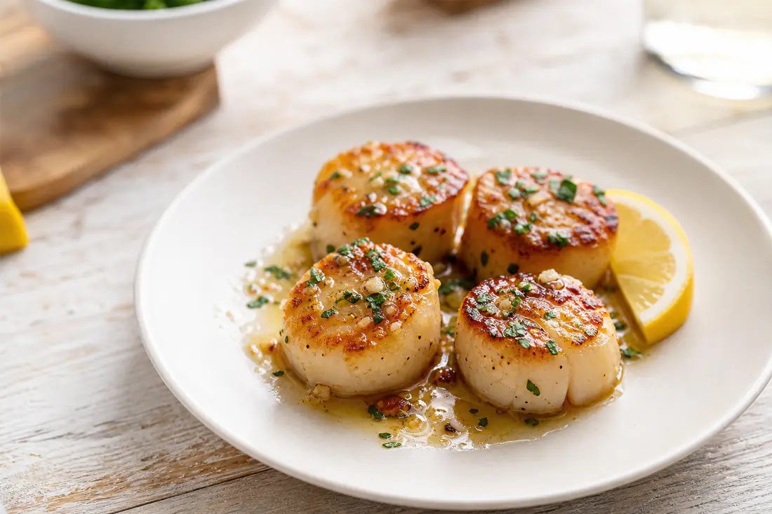 Golden seared sea scallops in garlic butter with parsley and lemon on a white plate