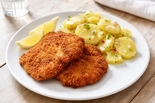 Two golden breaded pork schnitzel cutlets with lemon wedges and a side of potato salad on a white plate