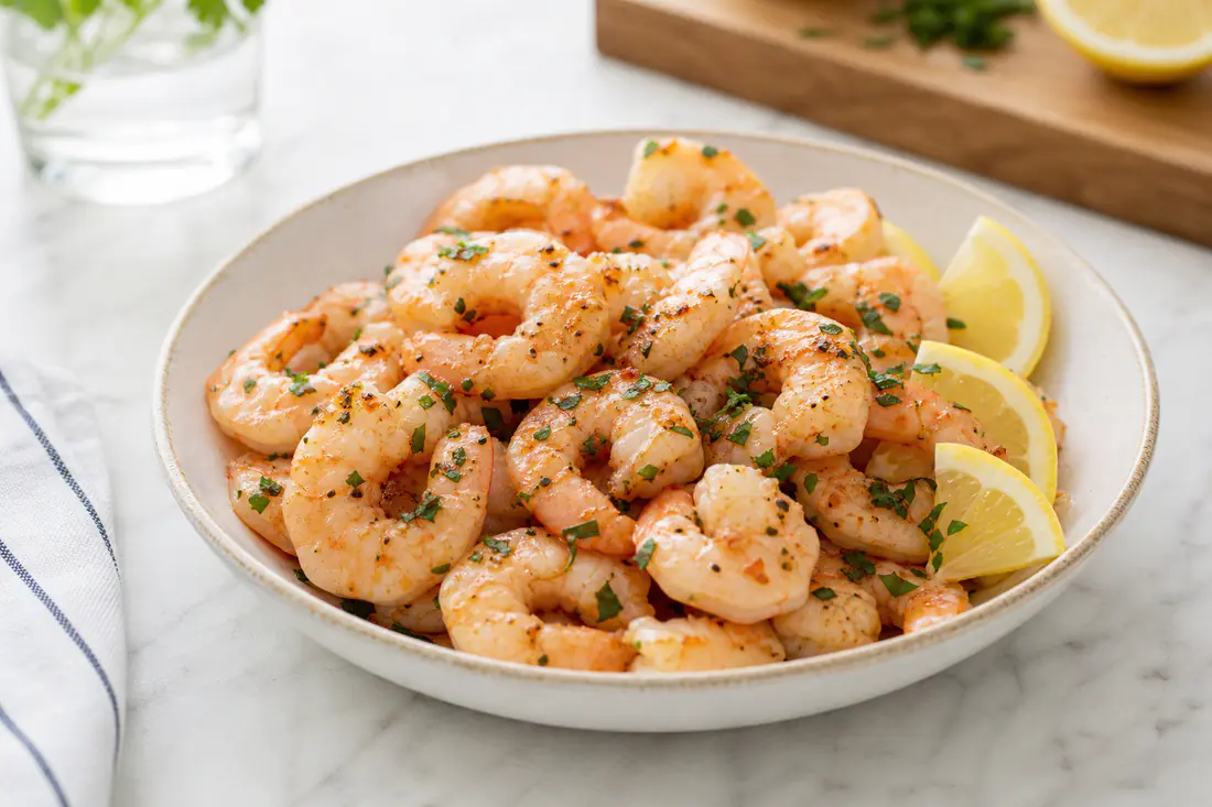 Seasoned air fryer shrimp with lemon wedges and parsley in a bowl