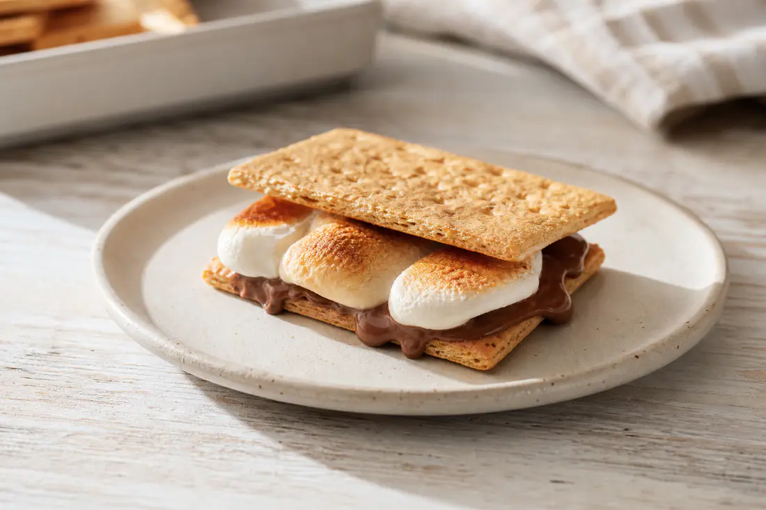 Toasted s'mores with melted chocolate and golden marshmallows on graham crackers