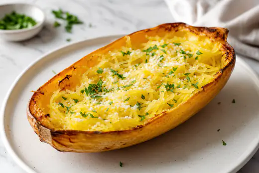 Roasted spaghetti squash half with fork-shredded strands topped with Parmesan and parsley