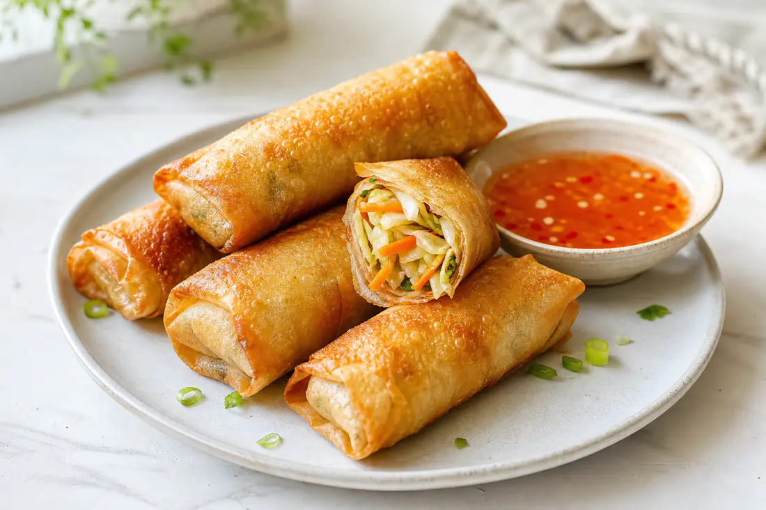 Golden crispy vegetable spring rolls, one cut open to show cabbage and carrot, with sweet chili dipping sauce