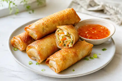 Golden crispy vegetable spring rolls, one cut open to show cabbage and carrot, with sweet chili dipping sauce