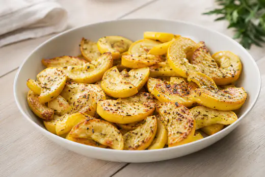 Golden roasted yellow squash half-moons with herbs in a white bowl