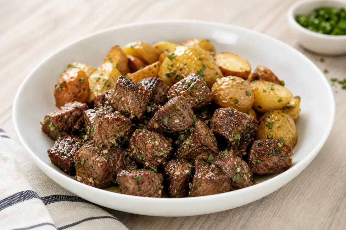 Browned sirloin steak bites tossed in garlic butter and parsley in a white bowl